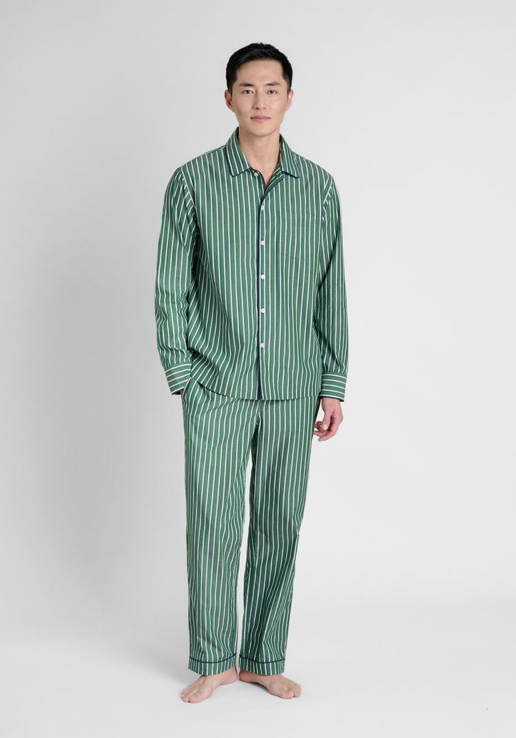 Henry Pajama Set in Green, Navy, & Cream Shadow Stripe